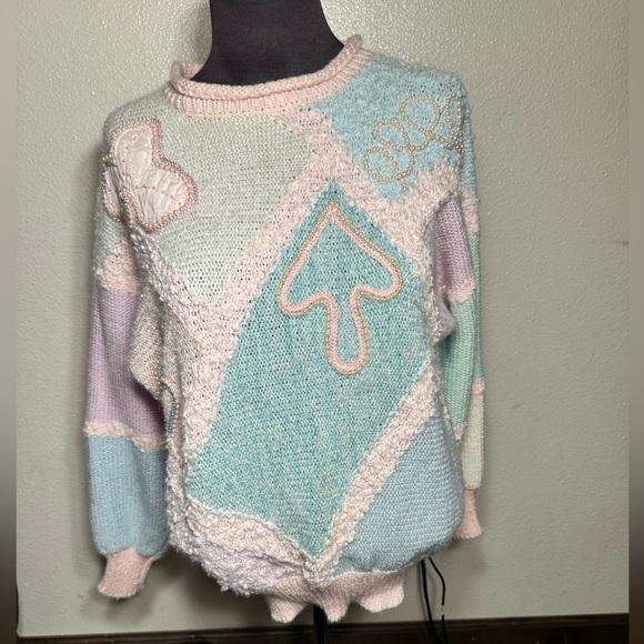 Vintage  Pastel Colorblock
Oversized Kawaii Sweater size small Pearl beaded - Picture 15 of 16
